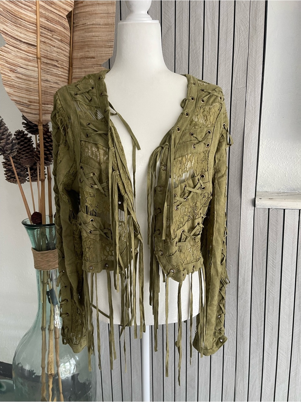 Vocal Olive Green Fringe Lace-Up Leather Jacket - Picture 2 of 8